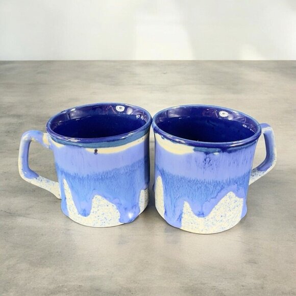 Vintage 1980s Blue Drip Glaze Pottery Coffee Mug Cup Set 2 Hand Made Stoneware - Picture 2 of 16